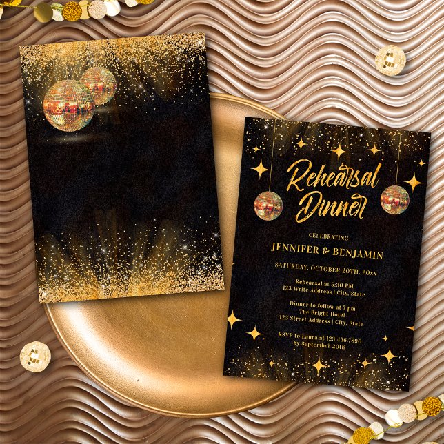 Chic Black Gold Disco Ball Rehearsal Dinner Invitation (Creator Uploaded)