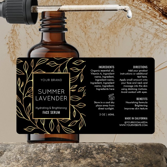 Chic Black & Gold Floral 2 OZ Dropper Bottle Label (Elegant black and gold floral cosmo bottle wraparound label for 2 OZ dropper bottles *verify size*)
