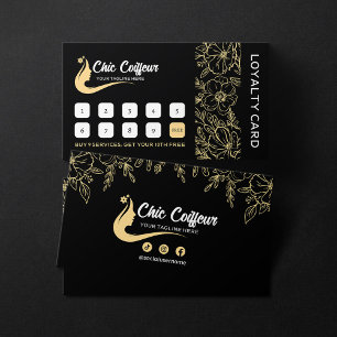 Chic Black Gold Floral Hairstylist Beauty Salon Loyalty Card