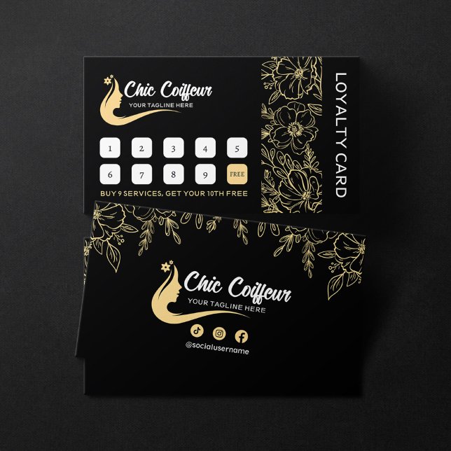Chic Black Gold Floral Hairstylist Beauty Salon Loyalty Card (Creator Uploaded)