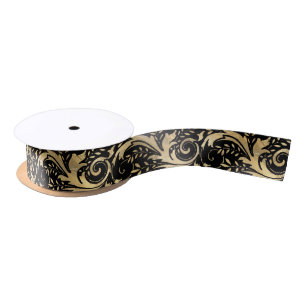 Chic Black Gold Floral Scroll Modern Pattern Satin Ribbon
