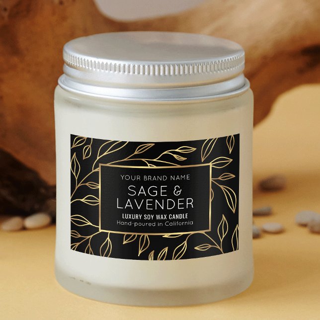 Chic Black & Gold Floral Waterproof Product Label (Black and gold floral rectangle product label design with faux gold effects and modern typography)