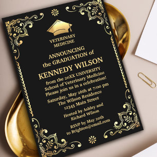 Chic Black Gold foil Graduation Invitation