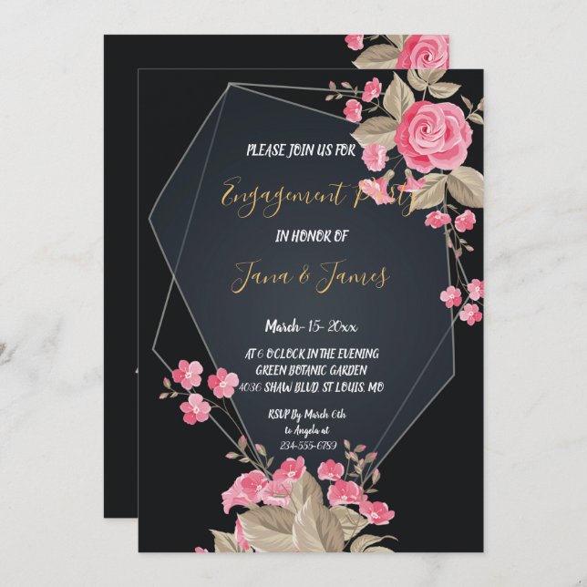 Chic Black & Gold Geometric frame Engagement Invitation (Front/Back)