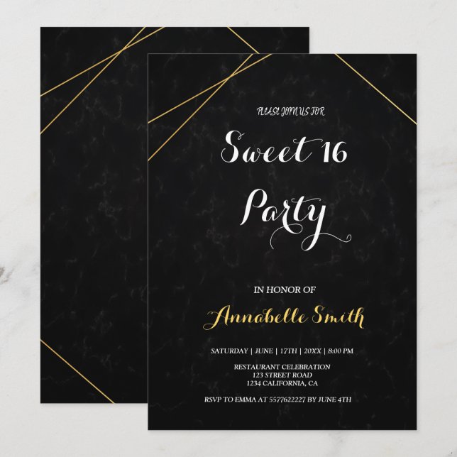 Chic Black & Gold Geometric frame sweet 16 Invitation (Front/Back)