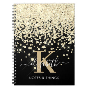 Chic Black Gold Glitter Diamond Monogrammed Notebook