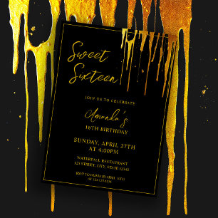 Chic Black & Gold Glitter Drips Sweet 16 Birthday Invitation