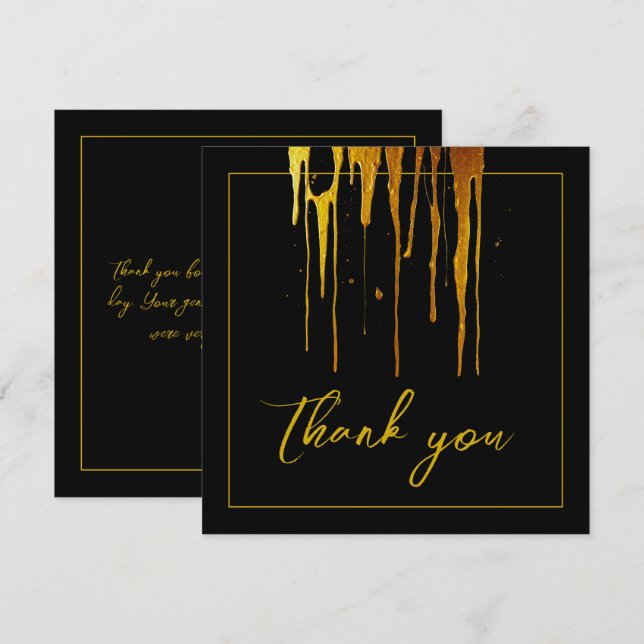 Chic Black & Gold Glitter Drips Sweet 16 Birthday Thank You Card (Front/Back)