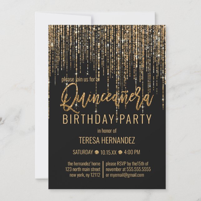 Chic Black Gold Glitter Fringe Curtain Quinceañera Invitation (Front)