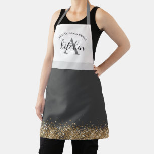 chic black gold glitter monogram name apron