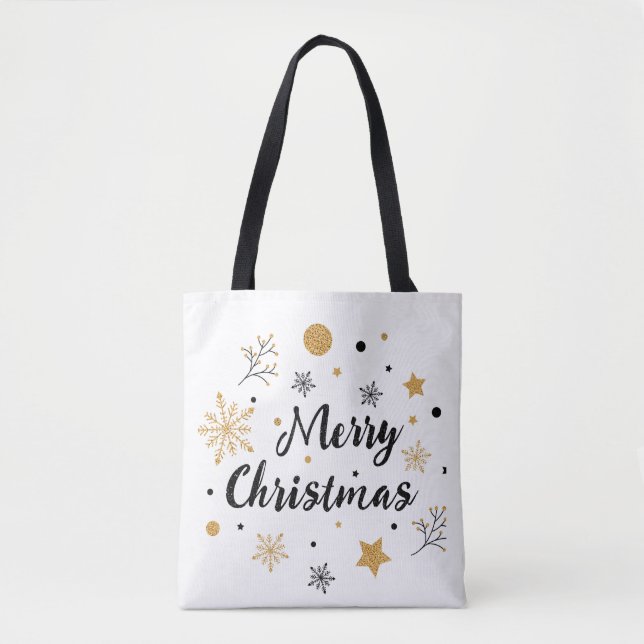 Chic Black Gold Glitter Snowflake Script Christmas Tote Bag (Front)