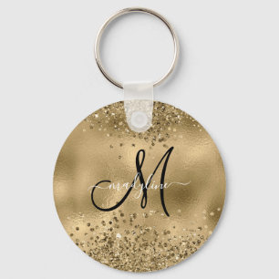 Chic Black Gold Glitters Monogram Name   Key Ring