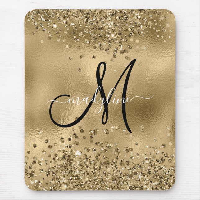 Chic Black Gold Glitters Monogram Name   Mouse Pad (Front)