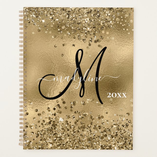 Chic Black Gold Glitters Monogram Name   Planner (Front)
