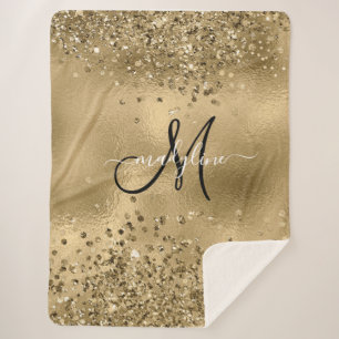 Chic Black Gold Glitters Monogram Name Sherpa Blanket