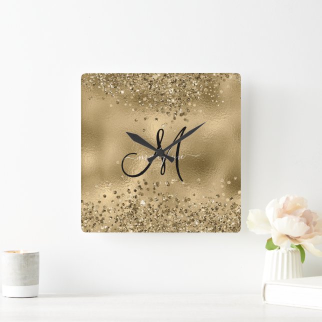 Chic Black Gold Glitters Monogram Name   Square Wall Clock (Home)