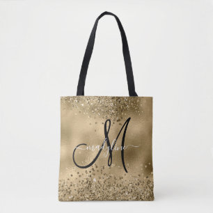 Chic Black Gold Glitters Monogram Name Tote Bag