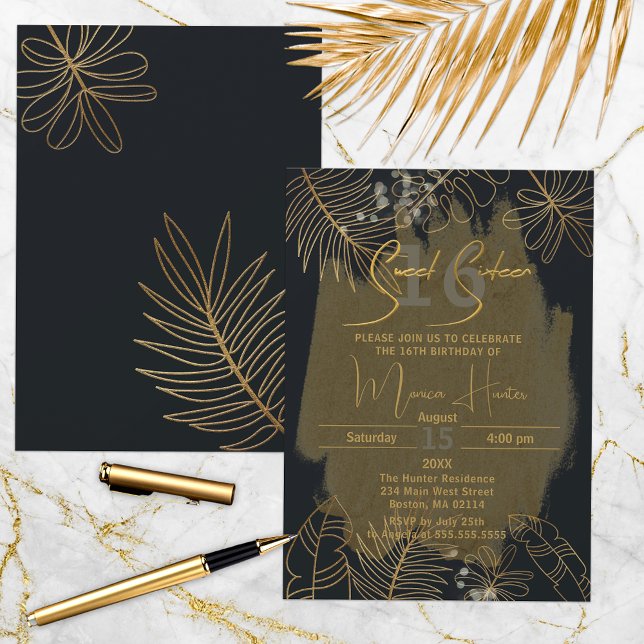 Chic Black Gold Glittery Tropical Foliage Sweet 16 Invitation (Creator Uploaded)