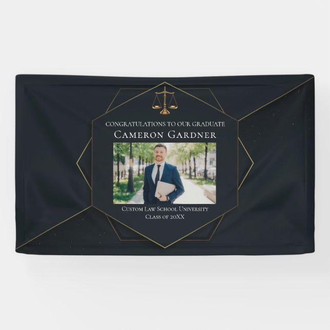 Chic Black Gold Law School Photo Graduation Party Banner (Horizontal)
