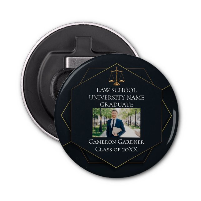 Chic Black Gold Law School Photo Graduation Party Bottle Opener (Front)
