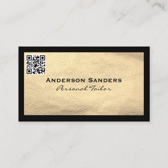 Chic Black Gold Leather | QR Code Business Card (Front)