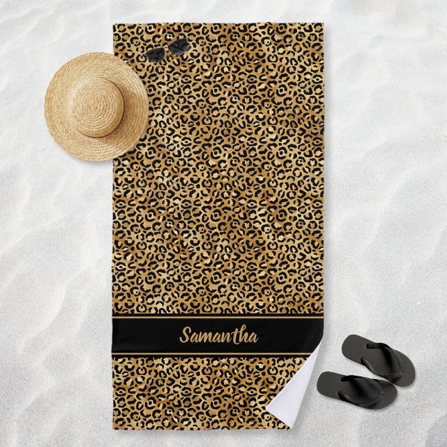 Chic Black Gold Leopard Print Personalised Beach Towel (Chic Black Gold Leopard Print Personalized Beach Towel)