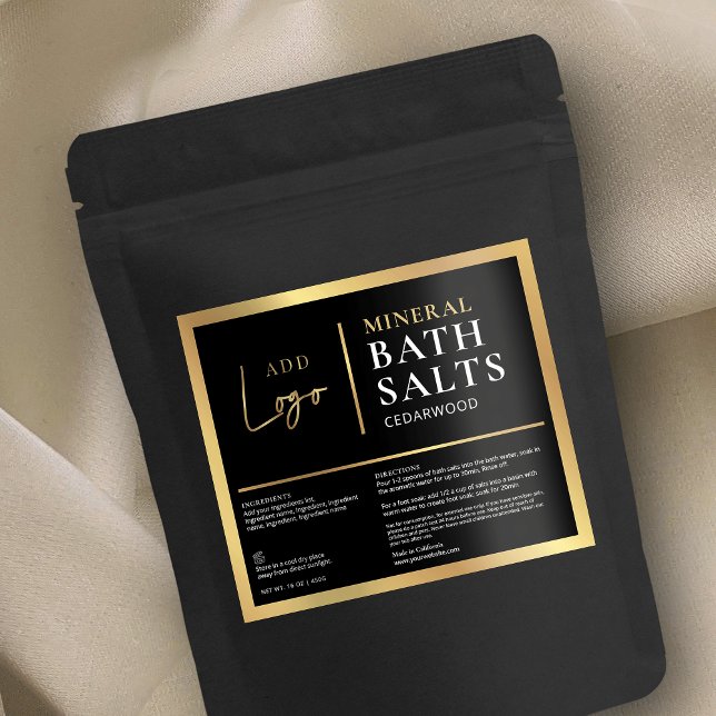 Chic Black & Gold Logo Waterproof Bath Salts Label (Elegant black and gold bath salts label design with space for your logo and product info)