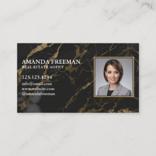 Chic Black & Gold Marble Photo Real Estate Agent Business Card