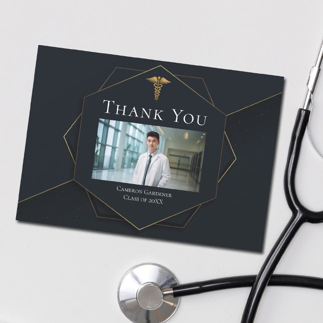 Chic Black Gold Medical School Photo Graduation Thank You Card (Creator Uploaded)