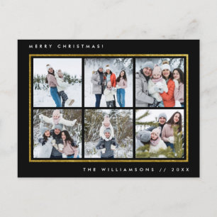 Chic Black & Gold Merry Christmas 6 Family Photos Holiday Postcard