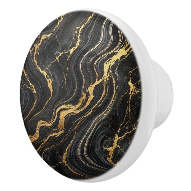 Chic Black & Gold Metallic Marble Look Glamour Ceramic Knob (Right)