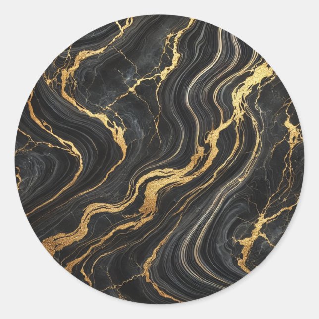 Chic Black & Gold Metallic Marble Look Glamour Classic Round Sticker (Front)