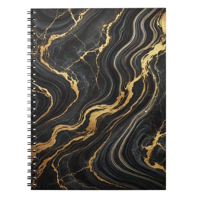 Chic Black & Gold Metallic Marble Look Glamour Notebook (Front)