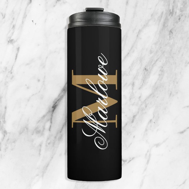 Chic Black Gold Monogram Calligraphy Thermal Tumbler (Creator Uploaded)