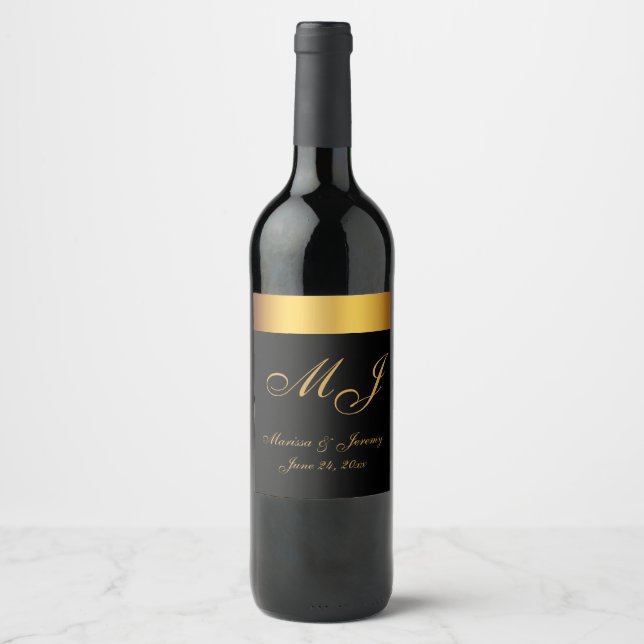 Chic Black Gold Monogram Calligraphy Wedding Wine Label (Front)