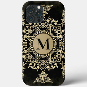Chic black gold monogram mandala girly iPhone 13 pro max case