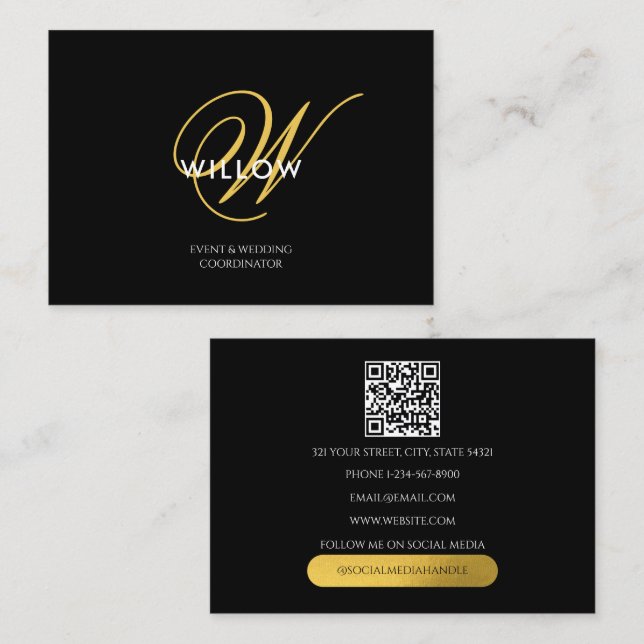 Chic Black & Gold Monogram QR Code Business Card (Front/Back)