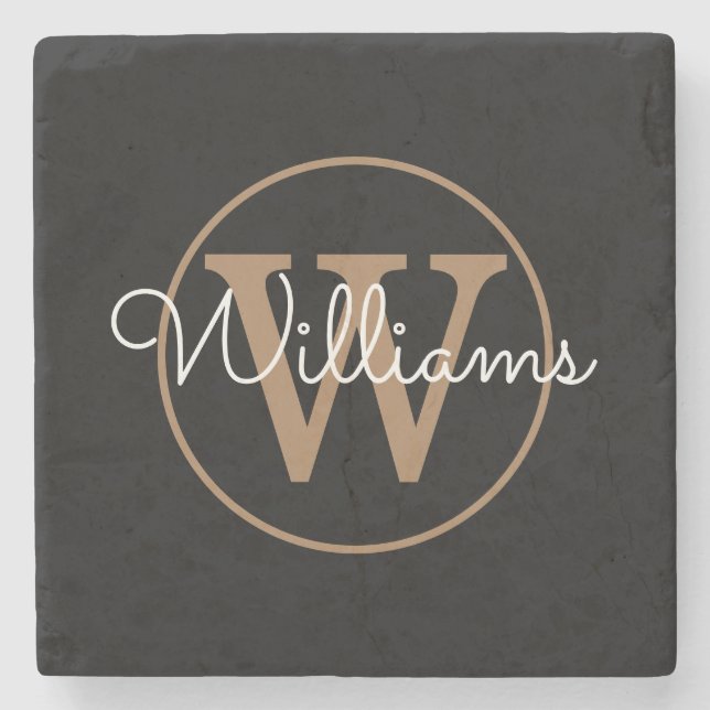 Chic Black Gold Monogram Script Name Stone Coaster (Front)
