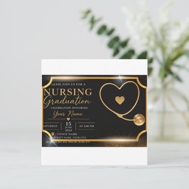 Chic Black Gold Nursing Graduation Invitation Stet (Standing Front)