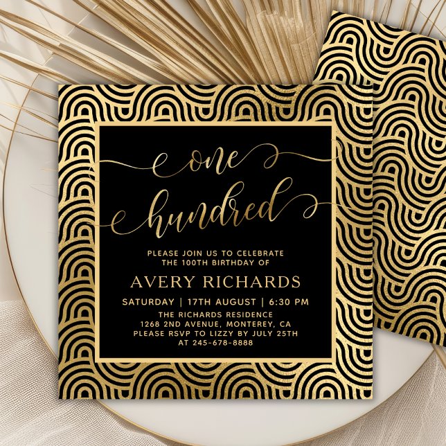 Chic Black Gold One Hundred Script 100th Birthday Invitation (Creator Uploaded)