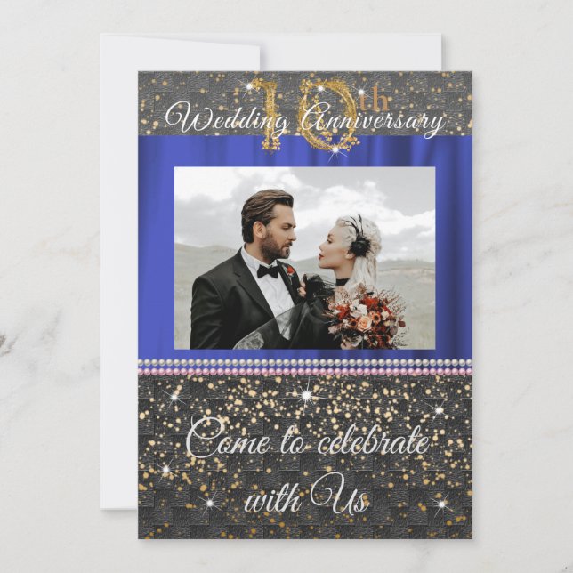 Chic Black Gold & Pearls 10th Wedding Anniversary  Invitation (Front)