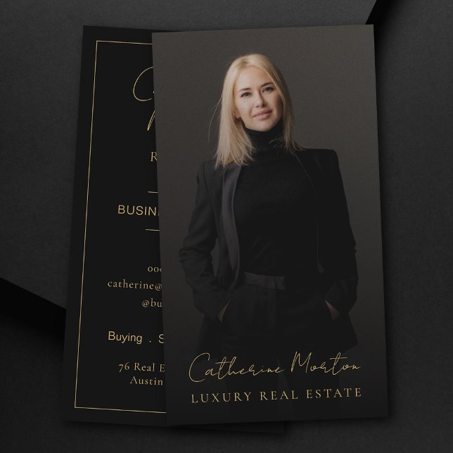Chic Black Gold Photo Luxury Real Estate  Business Card (Luxury Real Estate Business Card With Chic Black & Gold Script Realtor Broker Photo)