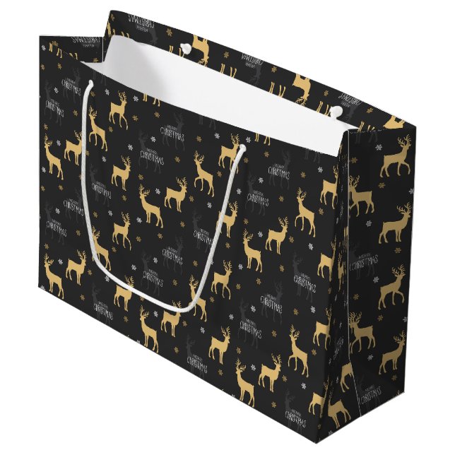 Chic Black Gold Reindeer Merry Christmas Large Gift Bag (Front Angled)