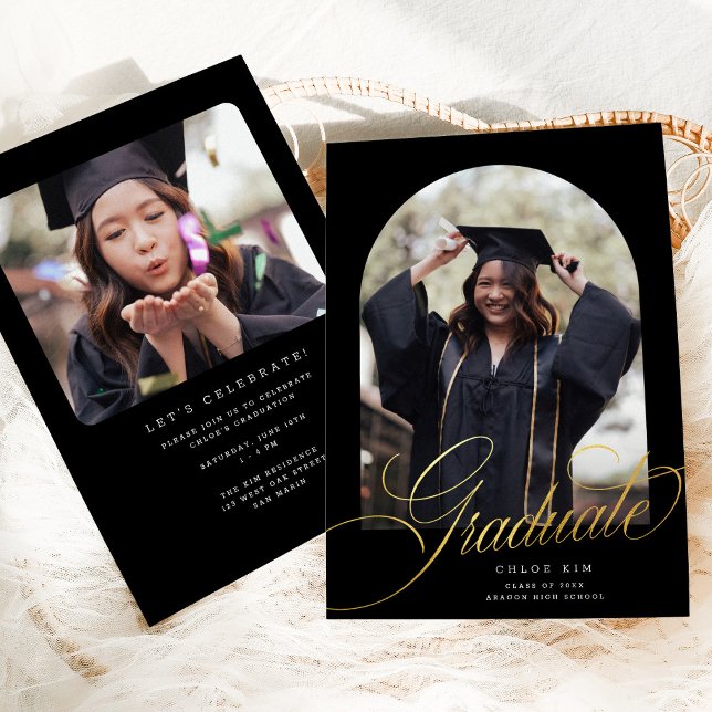Chic Black Gold Script Arch Graduation Photo Announcement (Creator Uploaded)