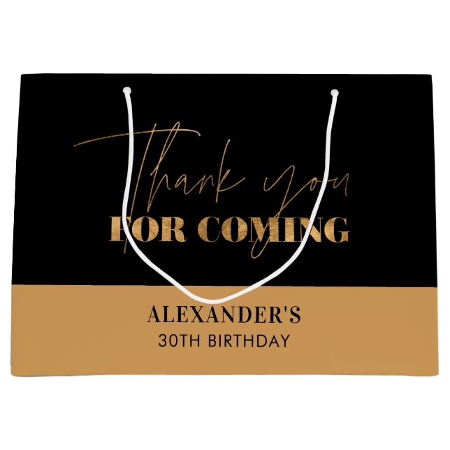 Chic Black Gold Script Birthday Thank you Large Gift Bag (Front)
