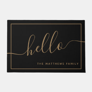 Chic Black Gold Script Hello Family Name Welcome Doormat
