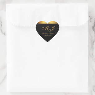 Chic Black Gold Script Monogram Wedding Heart Sticker