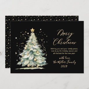 Chic Black Gold Script Watercolor Christmas Tree Holiday Card