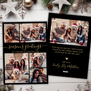 Chic Black Gold Seasons Greetings Script 5 Photo Holiday Card