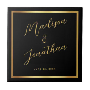 Chic Black Gold Shiny Border Script Wedding Ceramic Tile